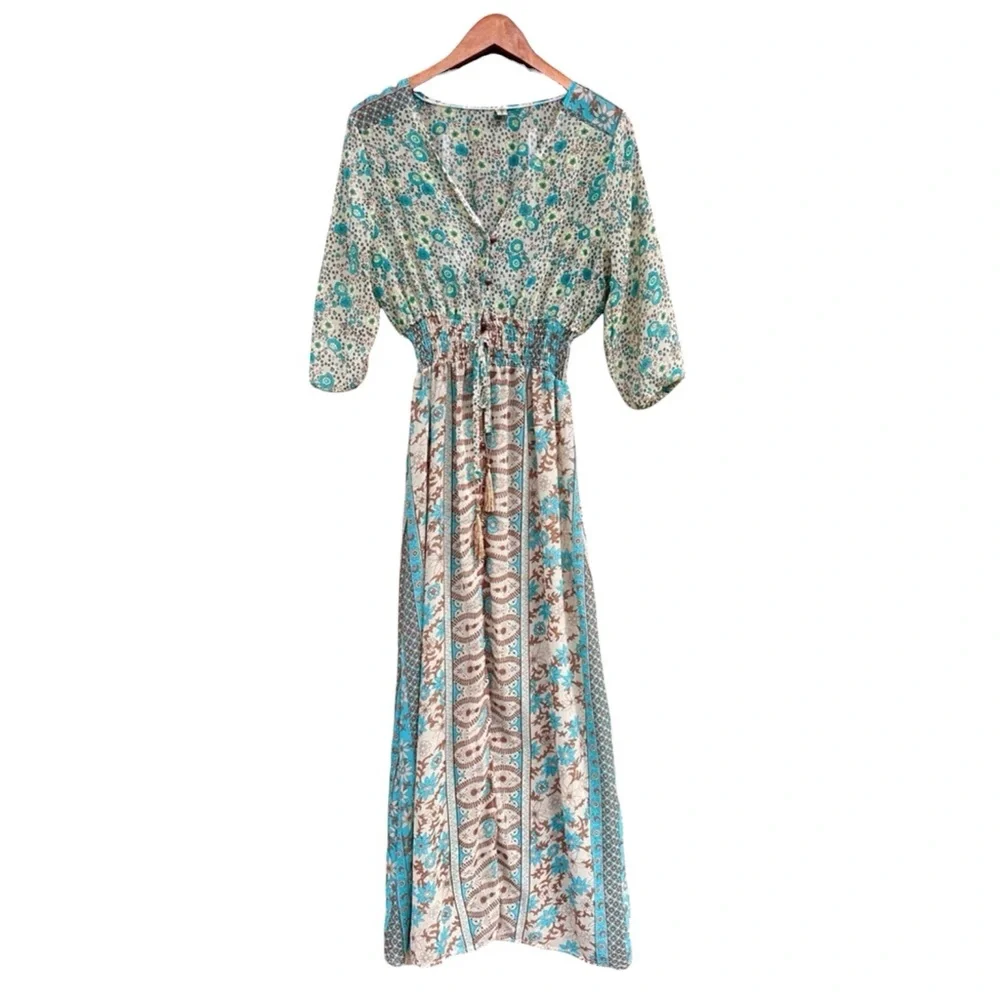 Boho Long Sheer Floral Maxi Dress XL Blue and Cream Prairiecore - Picture 1 of 9